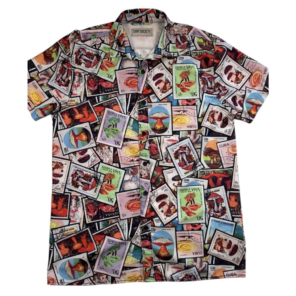 Surf Society Short Men L Mushroom Stamp Print Button Up Graphic Casual Festival